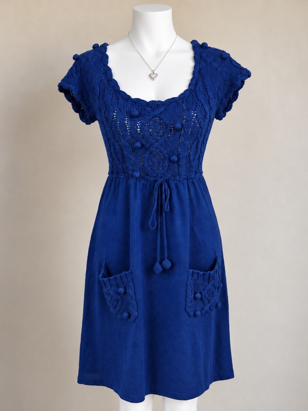 Derhy Vintage Royal Blue Knit Short Sleeve Sweater Pom Pom Midi Dress Y2K Small